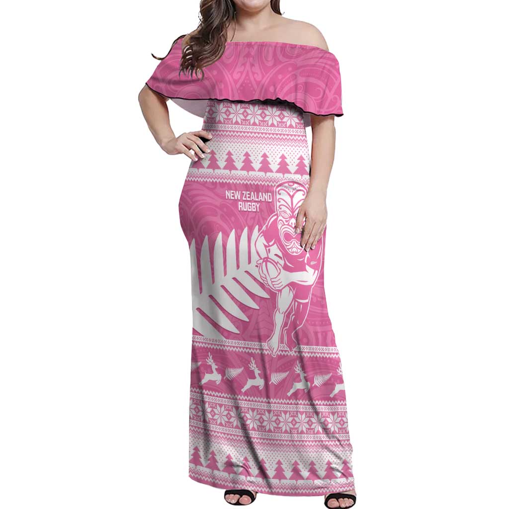 New Zealand Christmas Rugby Personalised Off Shoulder Maxi Dress Meri Kirihimete All Black Maori Pink Version - Polynesian Pride