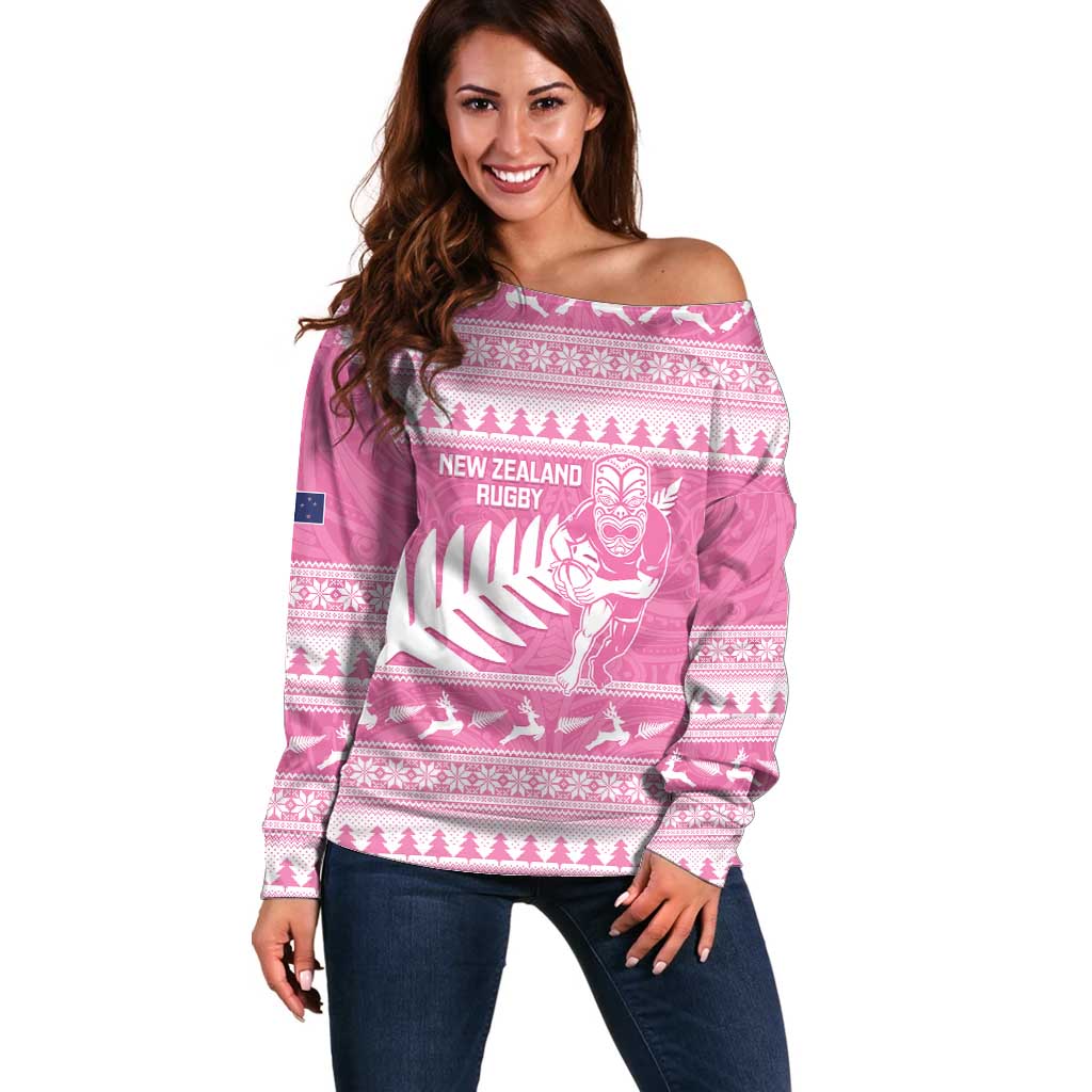 New Zealand Christmas Rugby Personalised Off Shoulder Sweater Meri Kirihimete All Black Maori Pink Version - Polynesian Pride