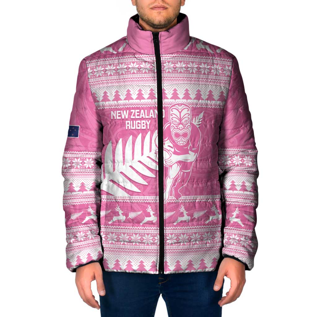 New Zealand Christmas Rugby Personalised Padded Jacket Meri Kirihimete All Black Maori Pink Version - Polynesian Pride