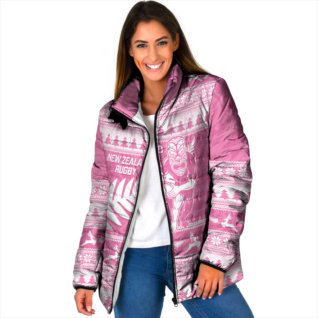 New Zealand Christmas Rugby Personalised Padded Jacket Meri Kirihimete All Black Maori Pink Version - Polynesian Pride