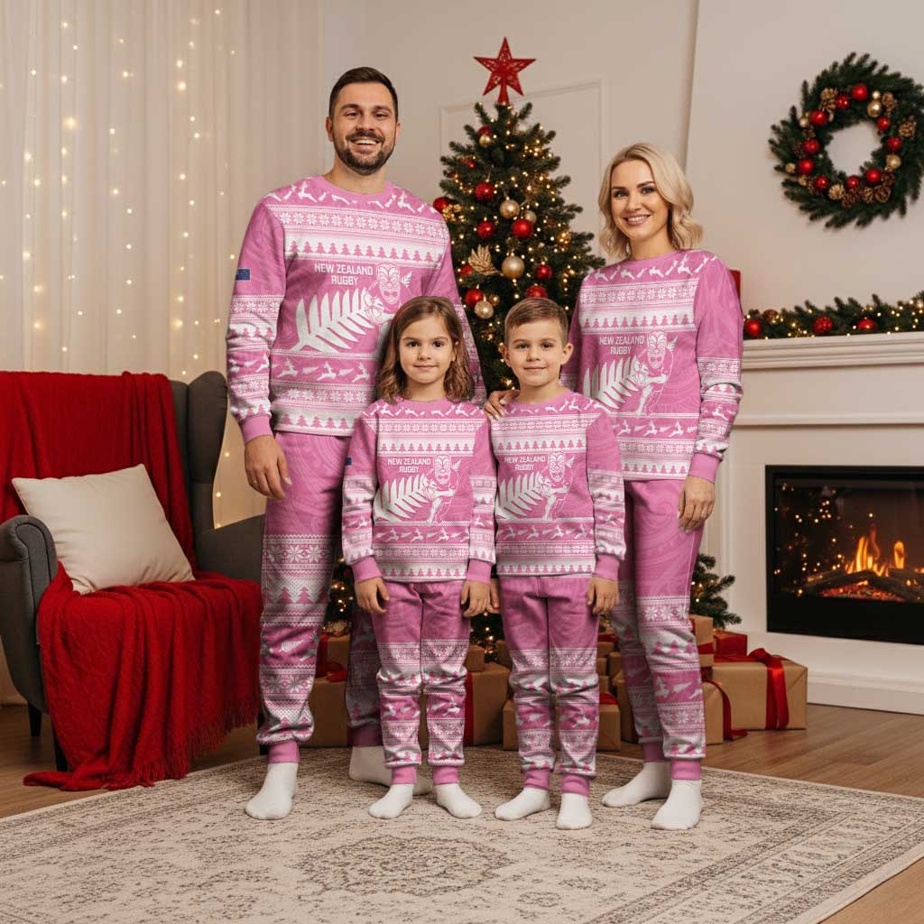 New Zealand Christmas Rugby Personalised Christmas Pajama Set Meri Kirihimete All Black Maori Pink Version - Polynesian Pride