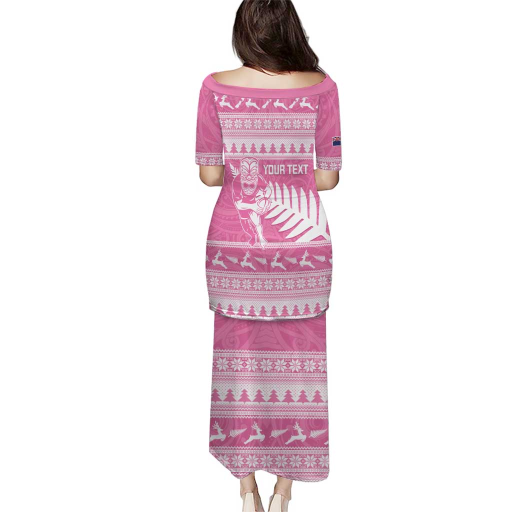 New Zealand Christmas Rugby Personalised Puletasi Meri Kirihimete All Black Maori Pink Version - Polynesian Pride