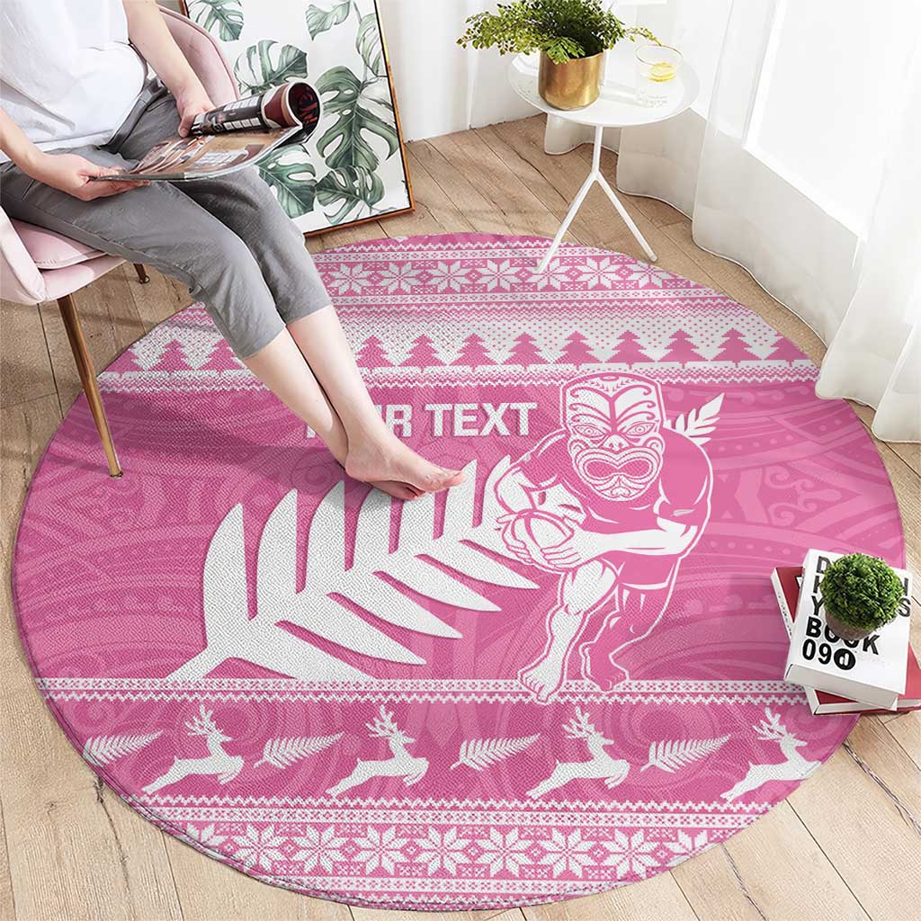 New Zealand Christmas Rugby Personalised Round Carpet Meri Kirihimete All Black Maori Pink Version - Polynesian Pride