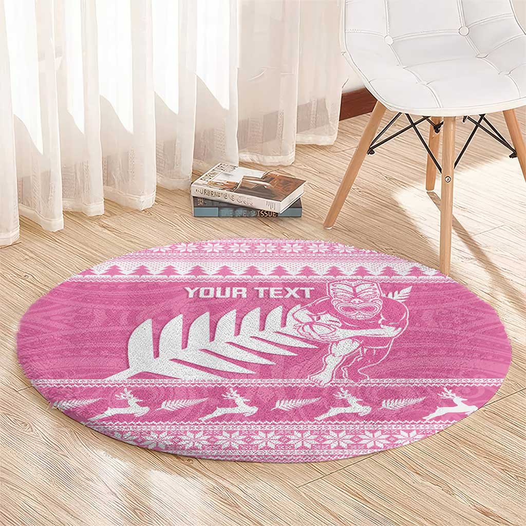 New Zealand Christmas Rugby Personalised Round Carpet Meri Kirihimete All Black Maori Pink Version - Polynesian Pride