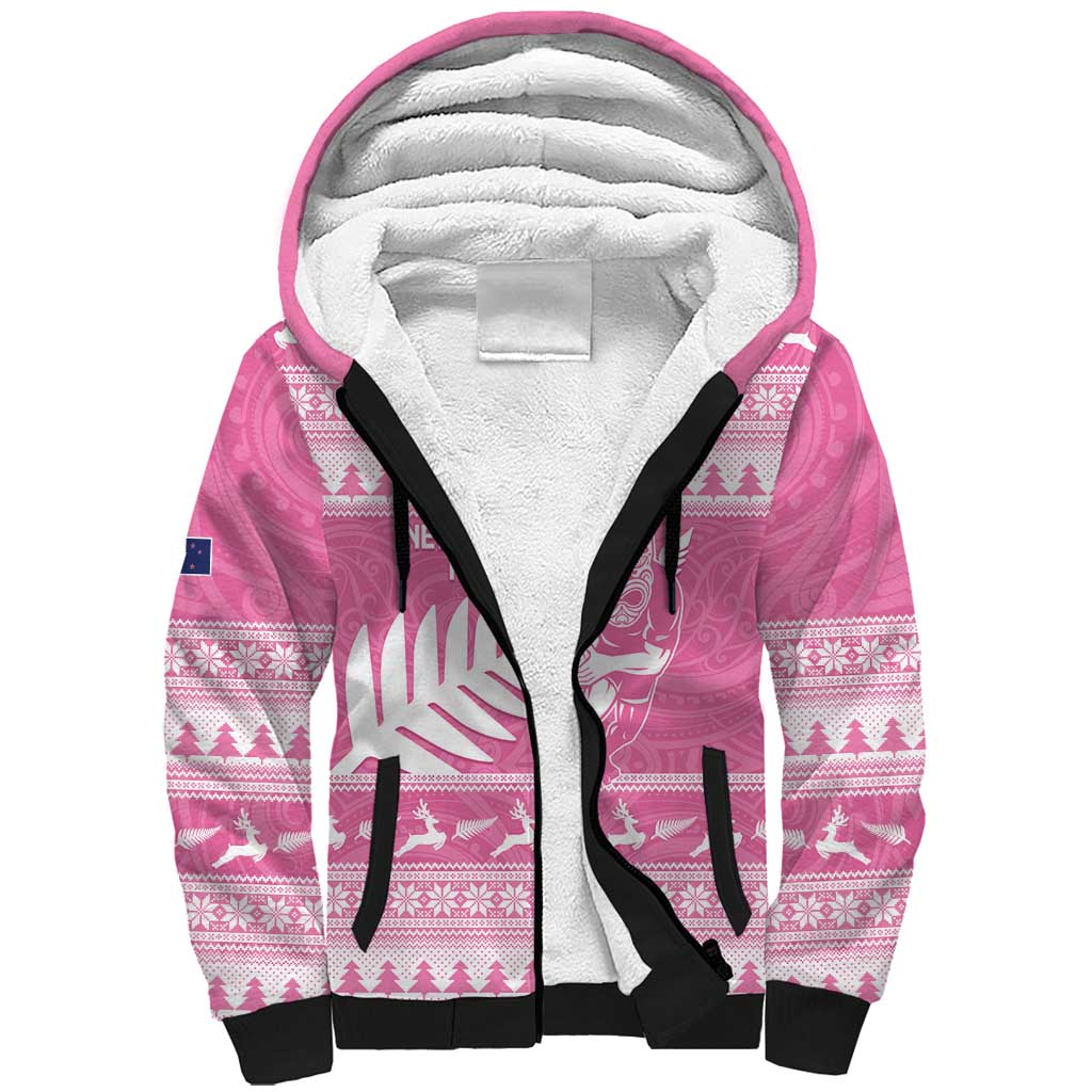 New Zealand Christmas Rugby Personalised Sherpa Hoodie Meri Kirihimete All Black Maori Pink Version - Polynesian Pride