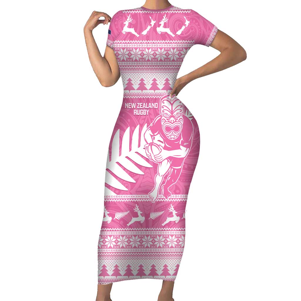 New Zealand Christmas Rugby Personalised Short Sleeve Bodycon Dress Meri Kirihimete All Black Maori Pink Version - Polynesian Pride