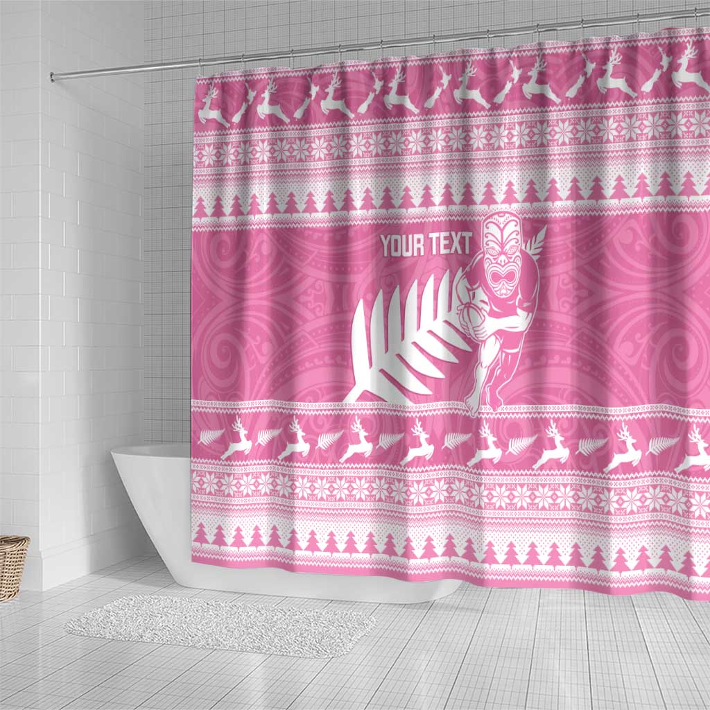 New Zealand Christmas Rugby Personalised Shower Curtain Meri Kirihimete All Black Maori Pink Version - Polynesian Pride