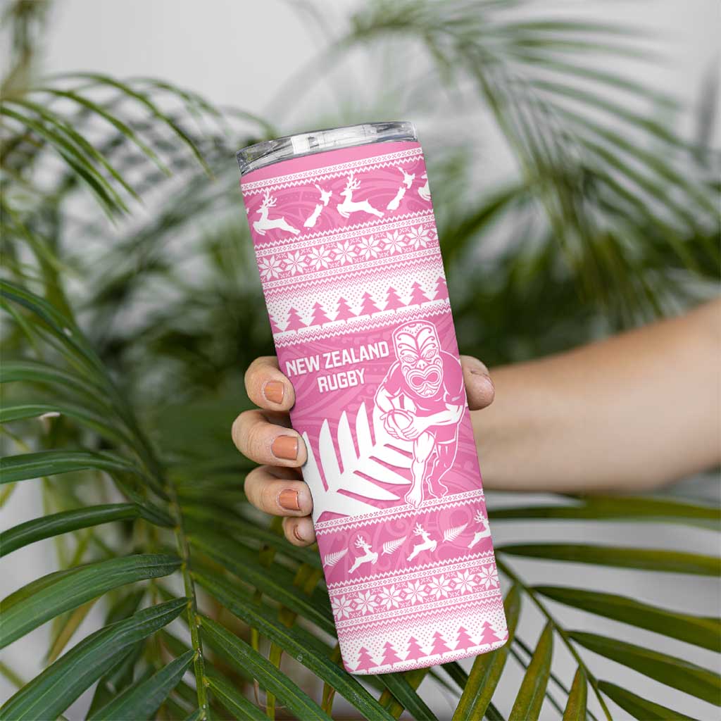 New Zealand Christmas Rugby Personalised Skinny Tumbler Meri Kirihimete All Black Maori Pink Version - Polynesian Pride
