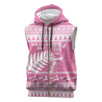 New Zealand Christmas Rugby Personalised Sleeveless Zip Hoodie Meri Kirihimete All Black Maori Pink Version - Polynesian Pride