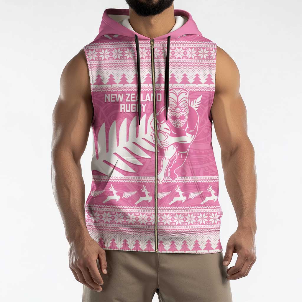 New Zealand Christmas Rugby Personalised Sleeveless Zip Hoodie Meri Kirihimete All Black Maori Pink Version - Polynesian Pride