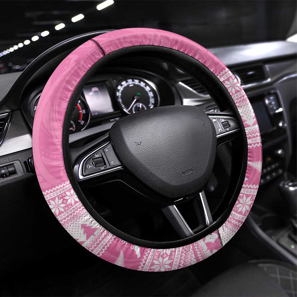 New Zealand Christmas Rugby Steering Wheel Cover Meri Kirihimete All Black Maori Pink Version - Polynesian Pride