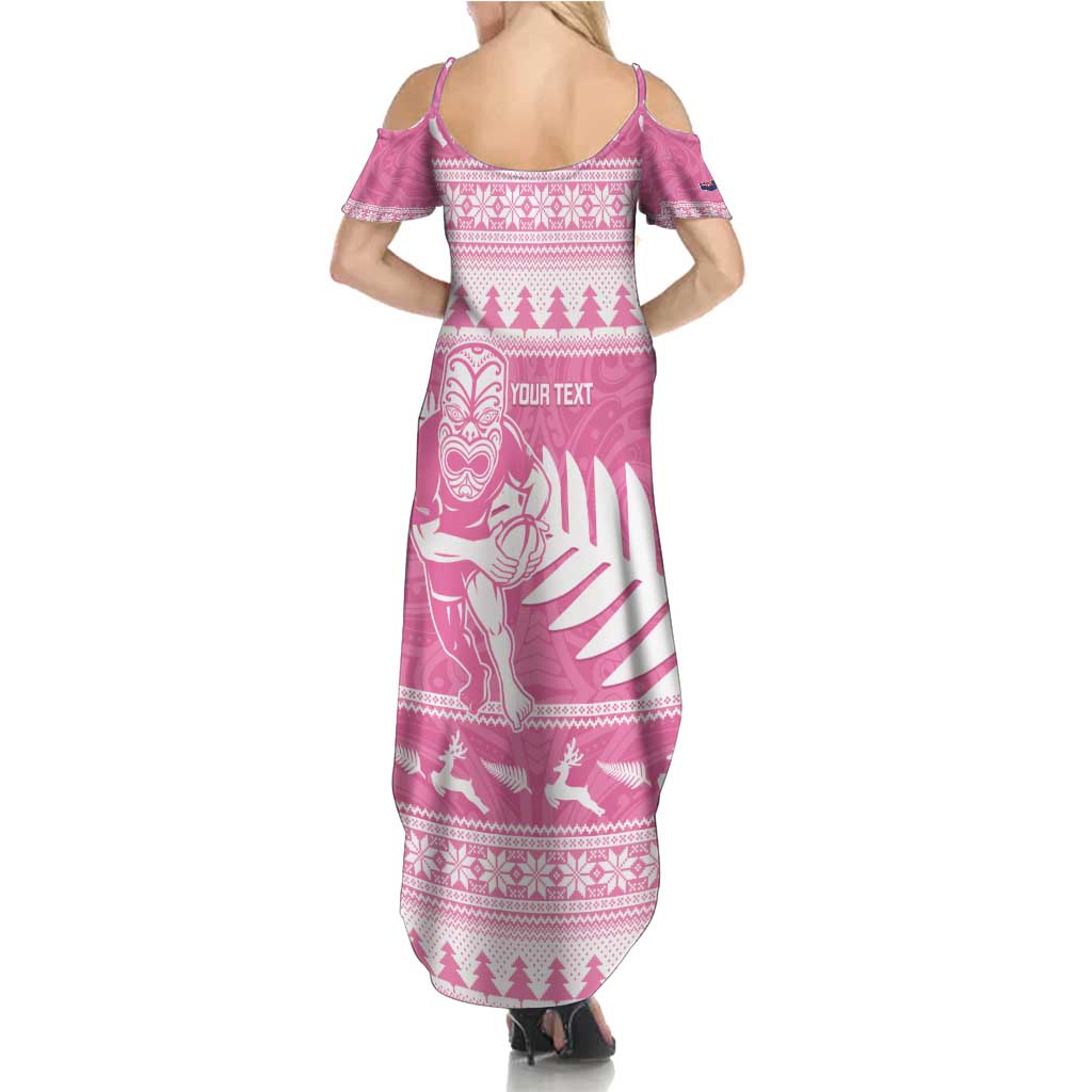 New Zealand Christmas Rugby Personalised Summer Maxi Dress Meri Kirihimete All Black Maori Pink Version - Polynesian Pride