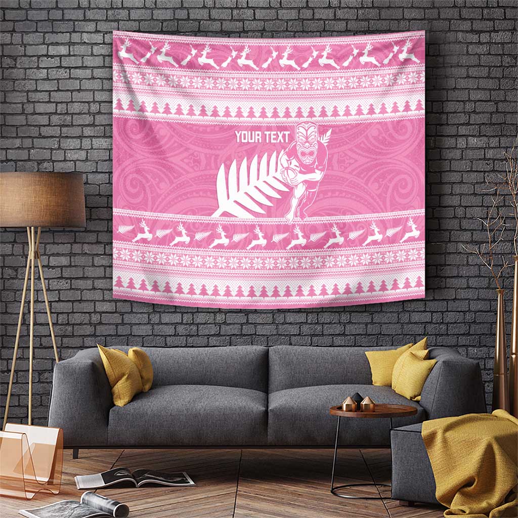 New Zealand Christmas Rugby Personalised Tapestry Meri Kirihimete All Black Maori Pink Version - Polynesian Pride