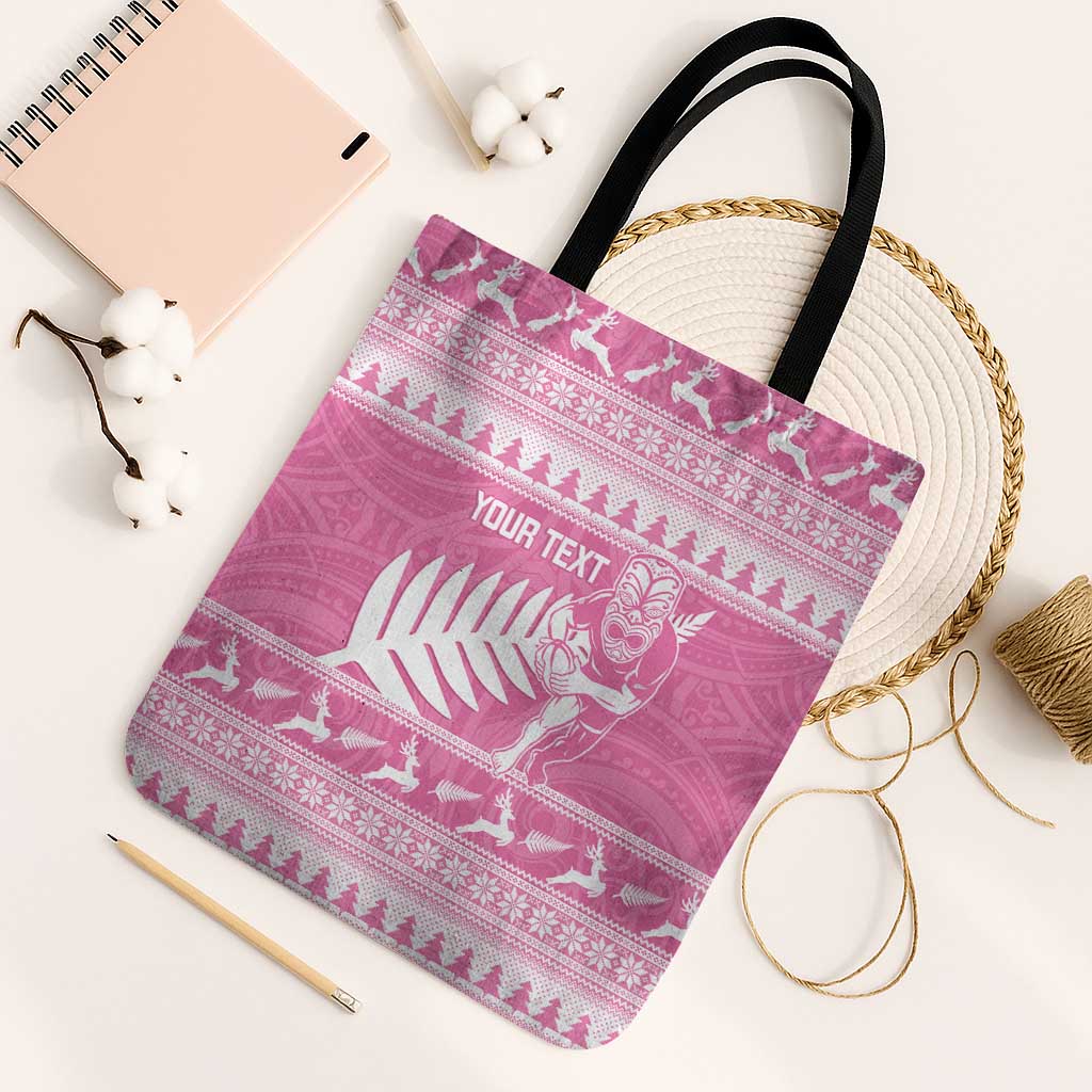 New Zealand Christmas Rugby Personalised Tote Bag Meri Kirihimete All Black Maori Pink Version - Polynesian Pride