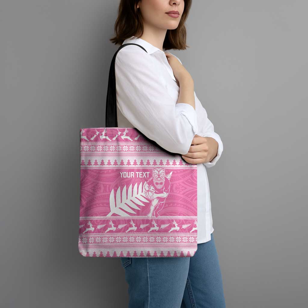 New Zealand Christmas Rugby Personalised Tote Bag Meri Kirihimete All Black Maori Pink Version - Polynesian Pride