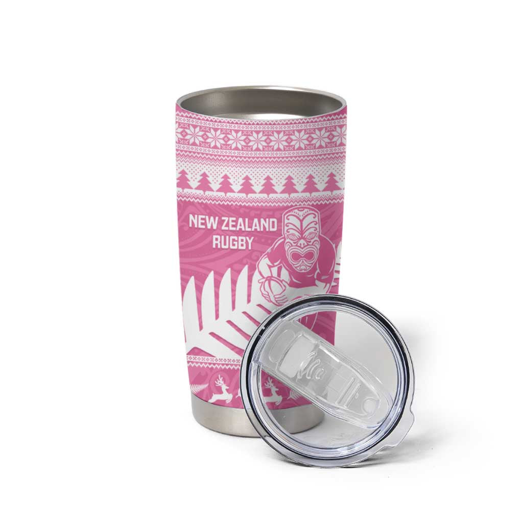 New Zealand Christmas Rugby Personalised Tumbler Cup Meri Kirihimete All Black Maori Pink Version - Polynesian Pride