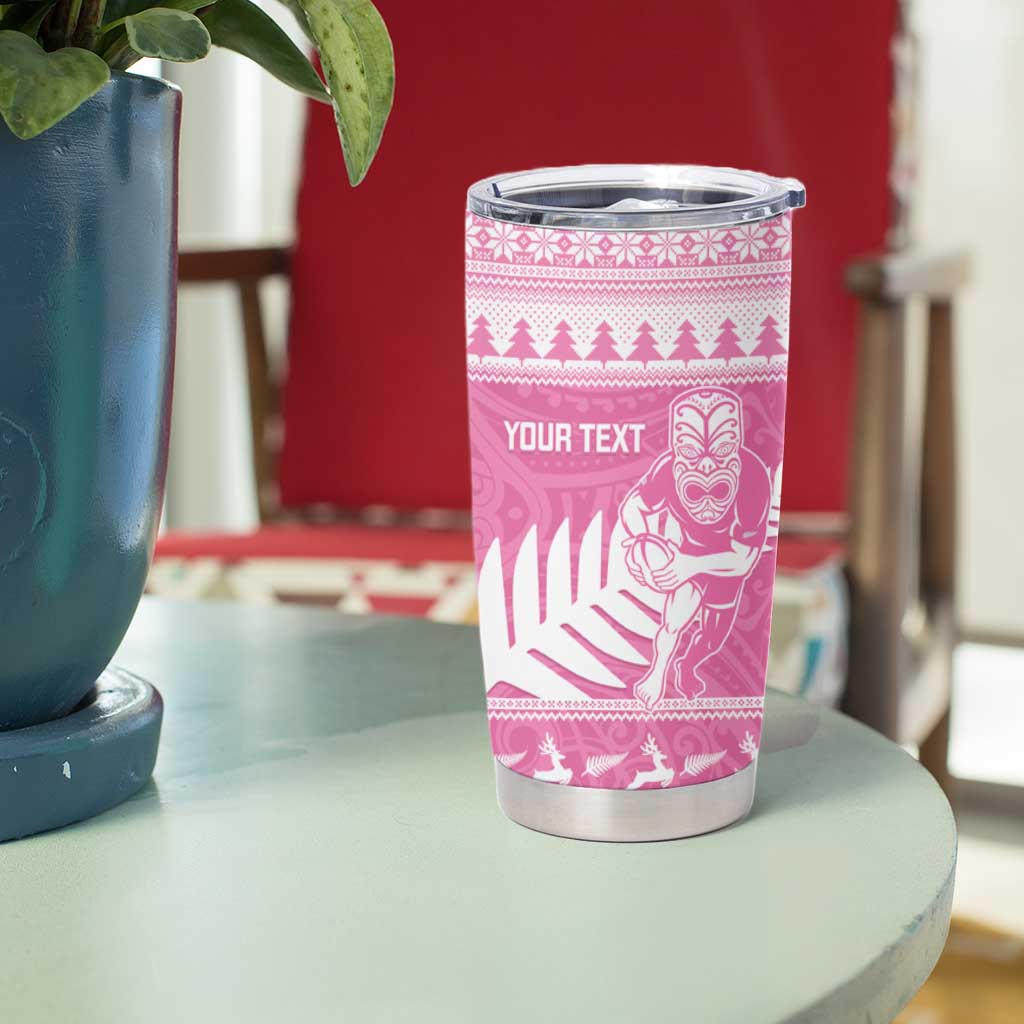 New Zealand Christmas Rugby Personalised Tumbler Cup Meri Kirihimete All Black Maori Pink Version - Polynesian Pride
