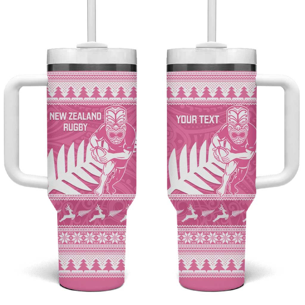 New Zealand Christmas Rugby Personalised Tumbler With Handle Meri Kirihimete All Black Maori Pink Version - Polynesian Pride