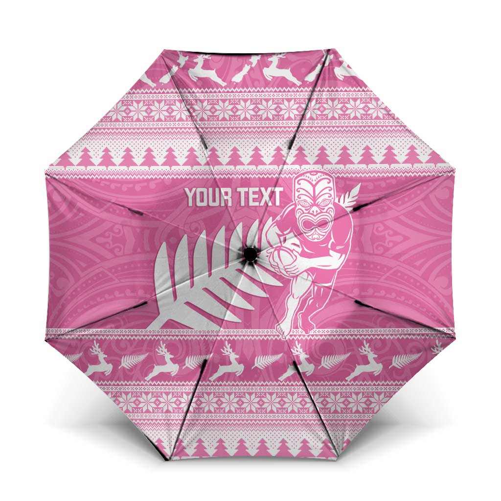 New Zealand Christmas Rugby Personalised Umbrella Meri Kirihimete All Black Maori Pink Version - Polynesian Pride