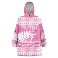 New Zealand Christmas Rugby Personalised Wearable Blanket Hoodie Meri Kirihimete All Black Maori Pink Version - Polynesian Pride