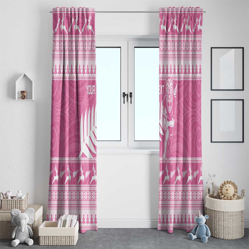 New Zealand Christmas Rugby Personalised Window Curtain Meri Kirihimete All Black Maori Pink Version - Polynesian Pride