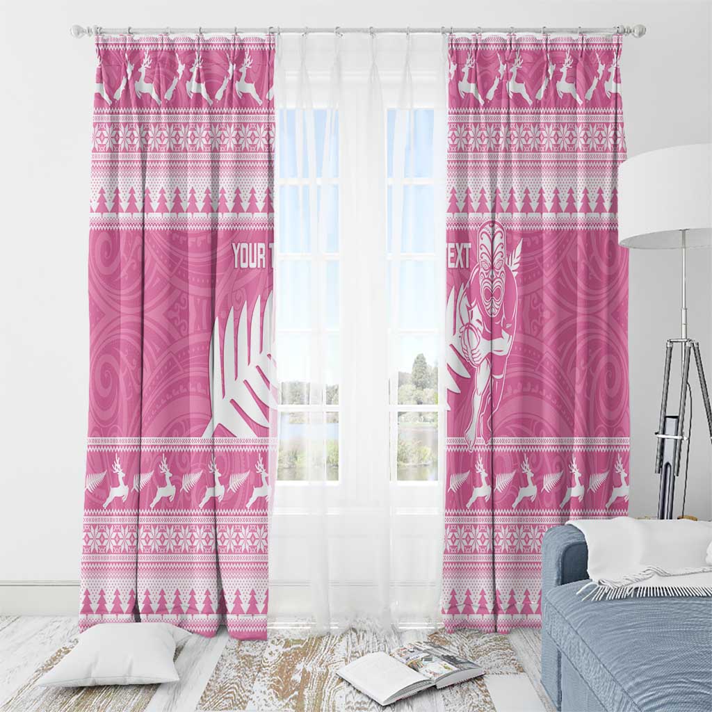 New Zealand Christmas Rugby Personalised Window Curtain Meri Kirihimete All Black Maori Pink Version - Polynesian Pride