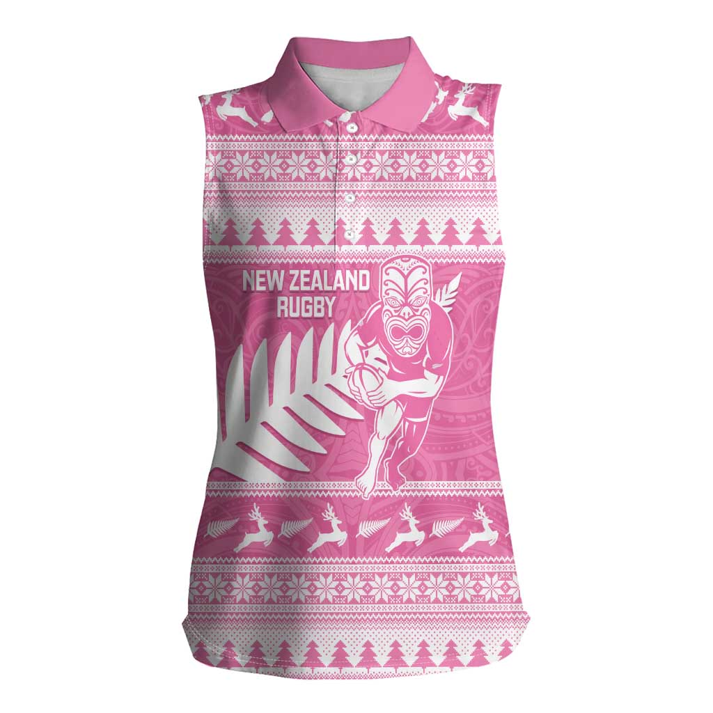New Zealand Christmas Rugby Personalised Women Sleeveless Polo Shirt Meri Kirihimete All Black Maori Pink Version - Polynesian Pride