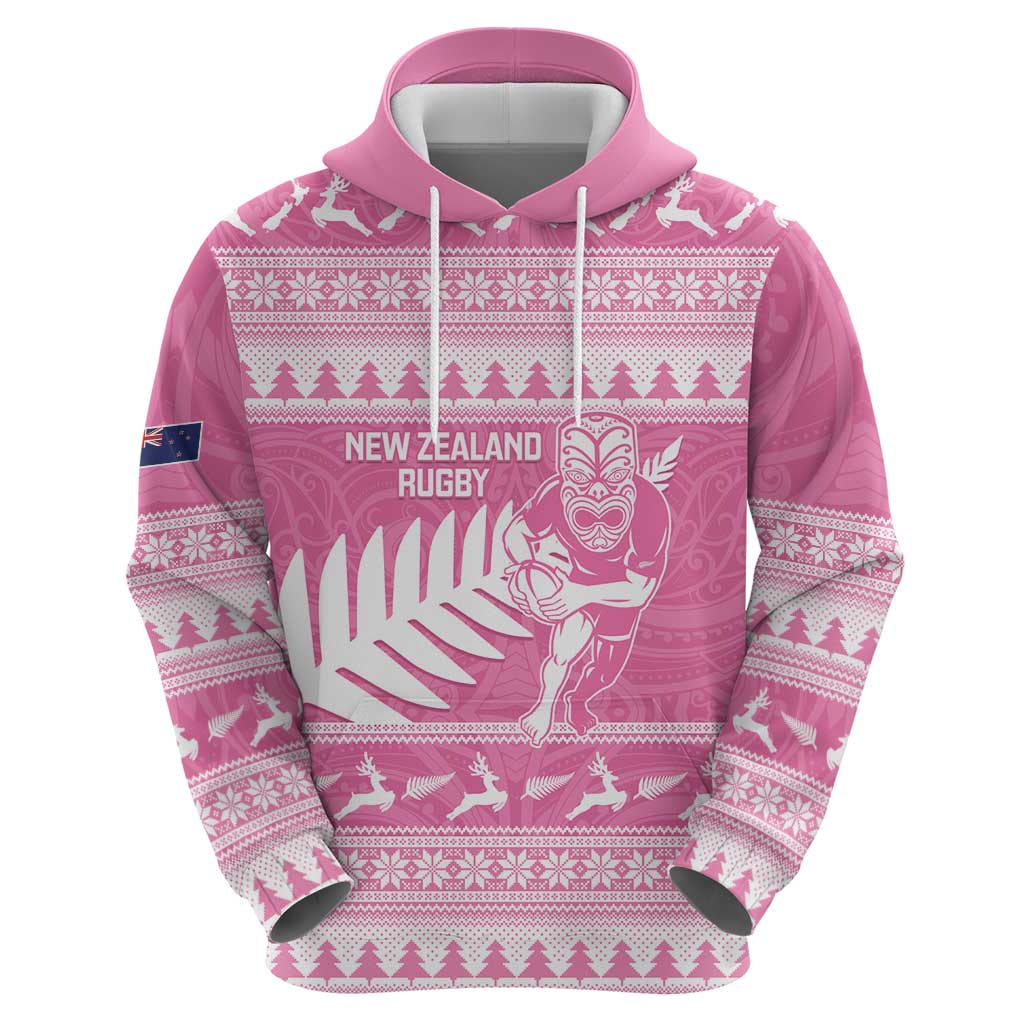 New Zealand Christmas Rugby Personalised Zip Hoodie Meri Kirihimete All Black Maori Pink Version - Polynesian Pride