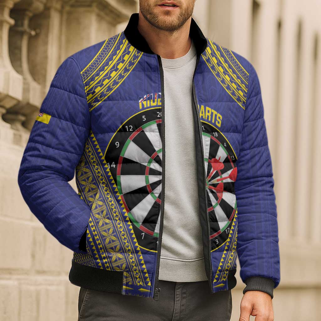 Personalised Niue Darts Bomber Puffer Jacket Dart Board Hiapo Pattern - Polynesian Pride