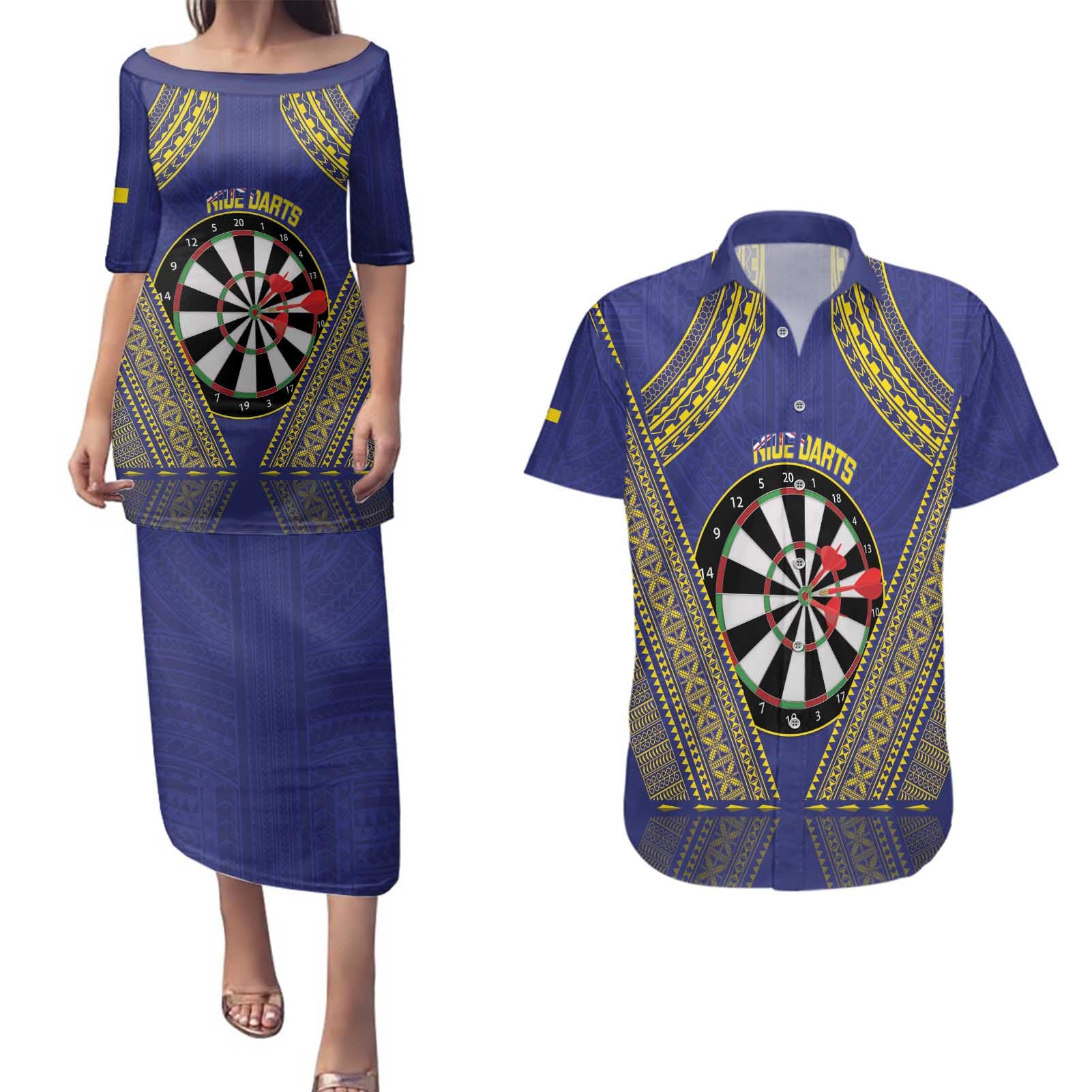 Personalised Niue Darts Couples Matching Puletasi and Hawaiian Shirt Dart Board Hiapo Pattern - Polynesian Pride