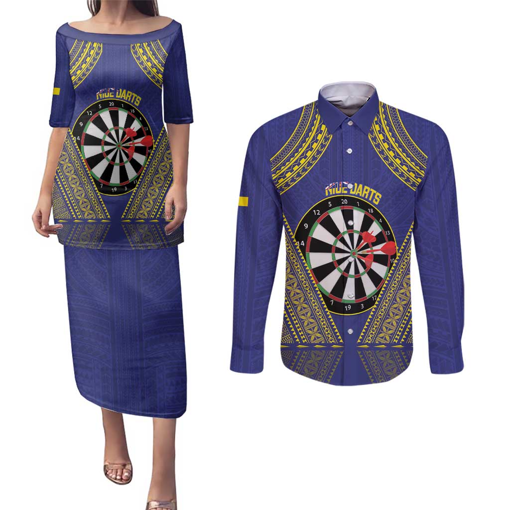 Personalised Niue Darts Couples Matching Puletasi and Long Sleeve Button Shirt Dart Board Hiapo Pattern - Polynesian Pride