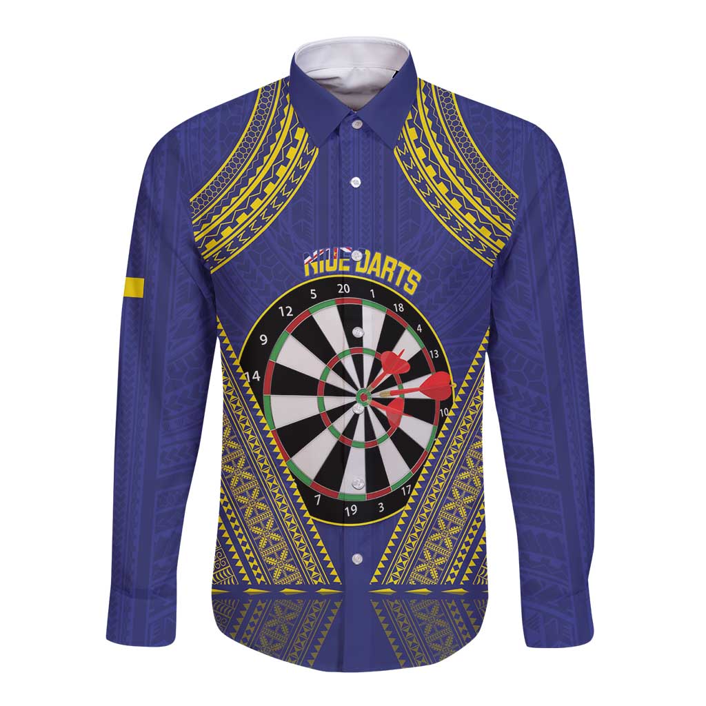 Personalised Niue Darts Long Sleeve Button Shirt Dart Board Hiapo Pattern - Polynesian Pride