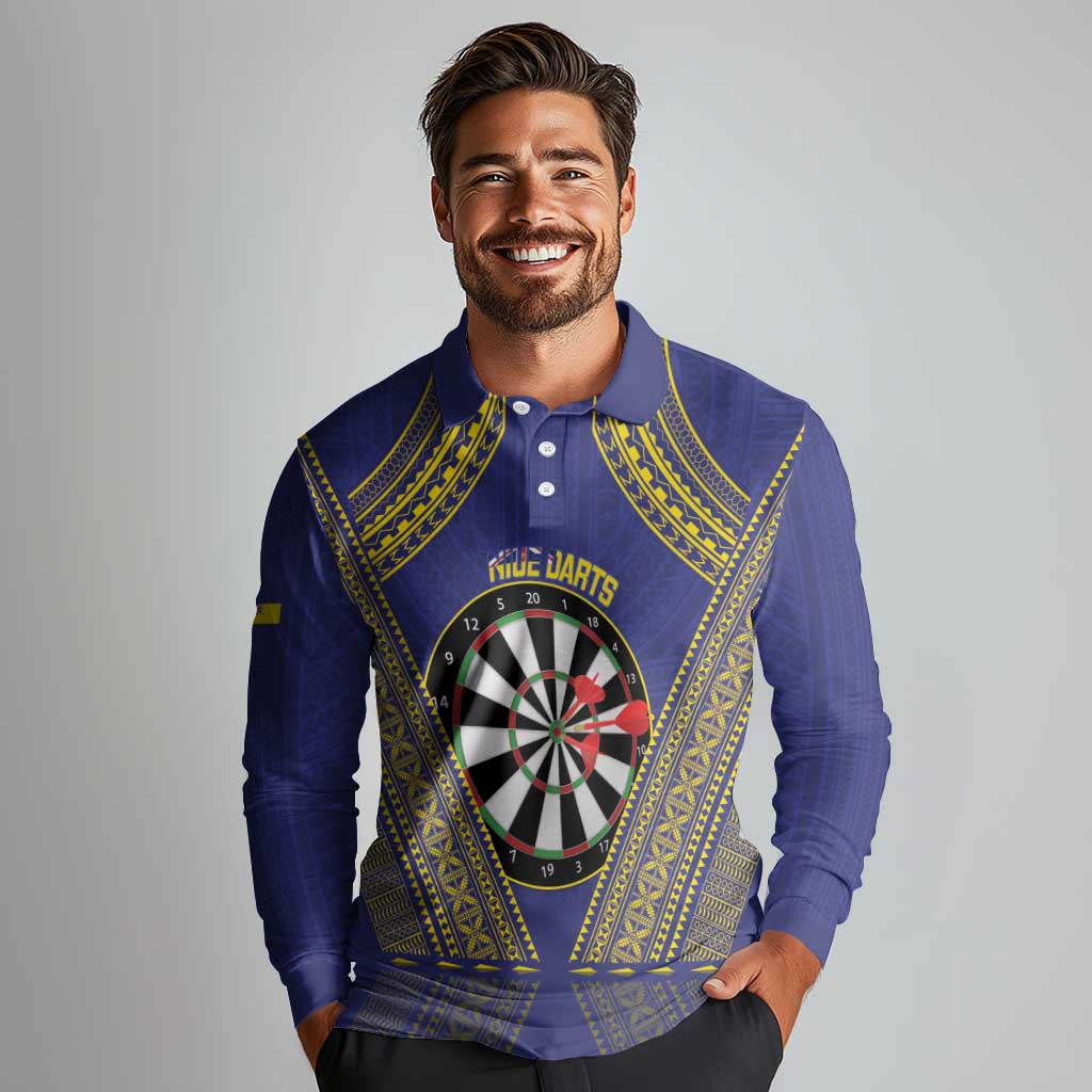 Personalised Niue Darts Long Sleeve Polo Shirt Dart Board Hiapo Pattern - Polynesian Pride