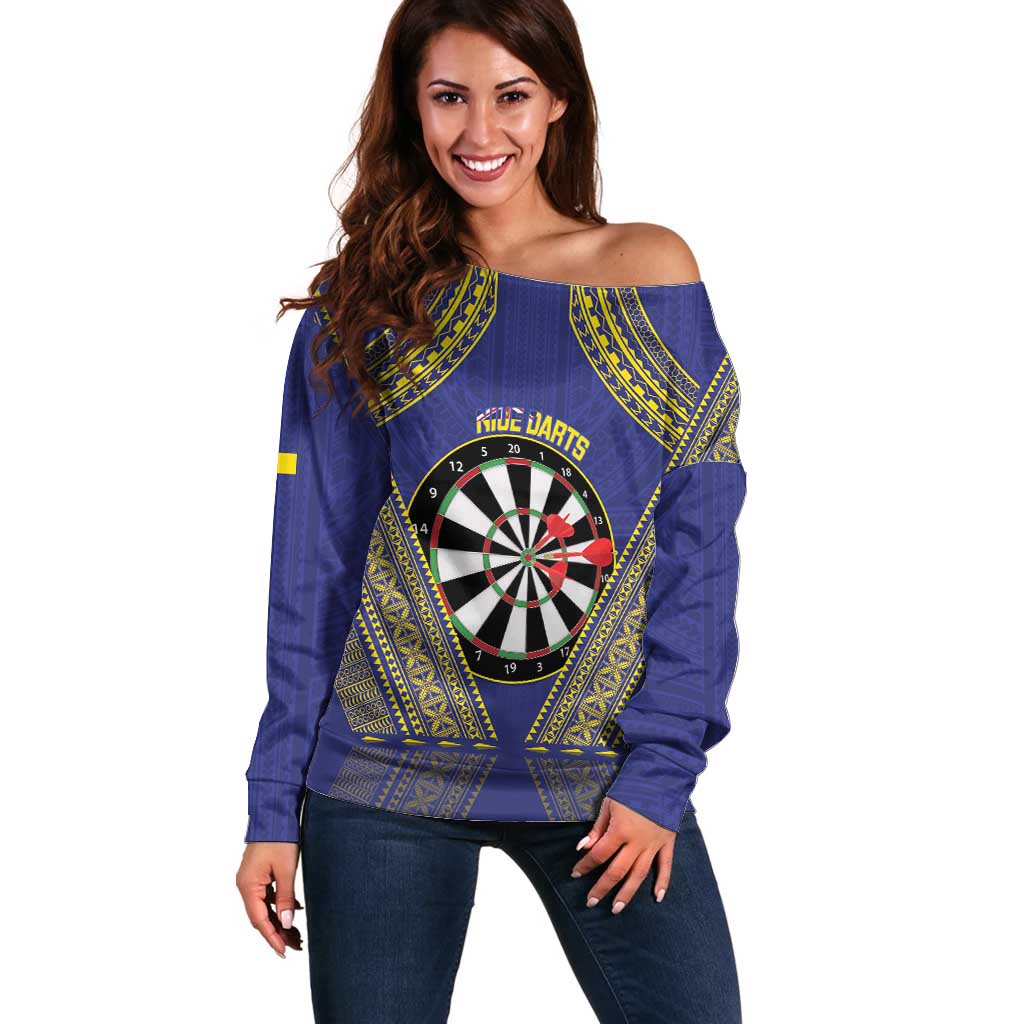 Personalised Niue Darts Off Shoulder Sweater Dart Board Hiapo Pattern - Polynesian Pride