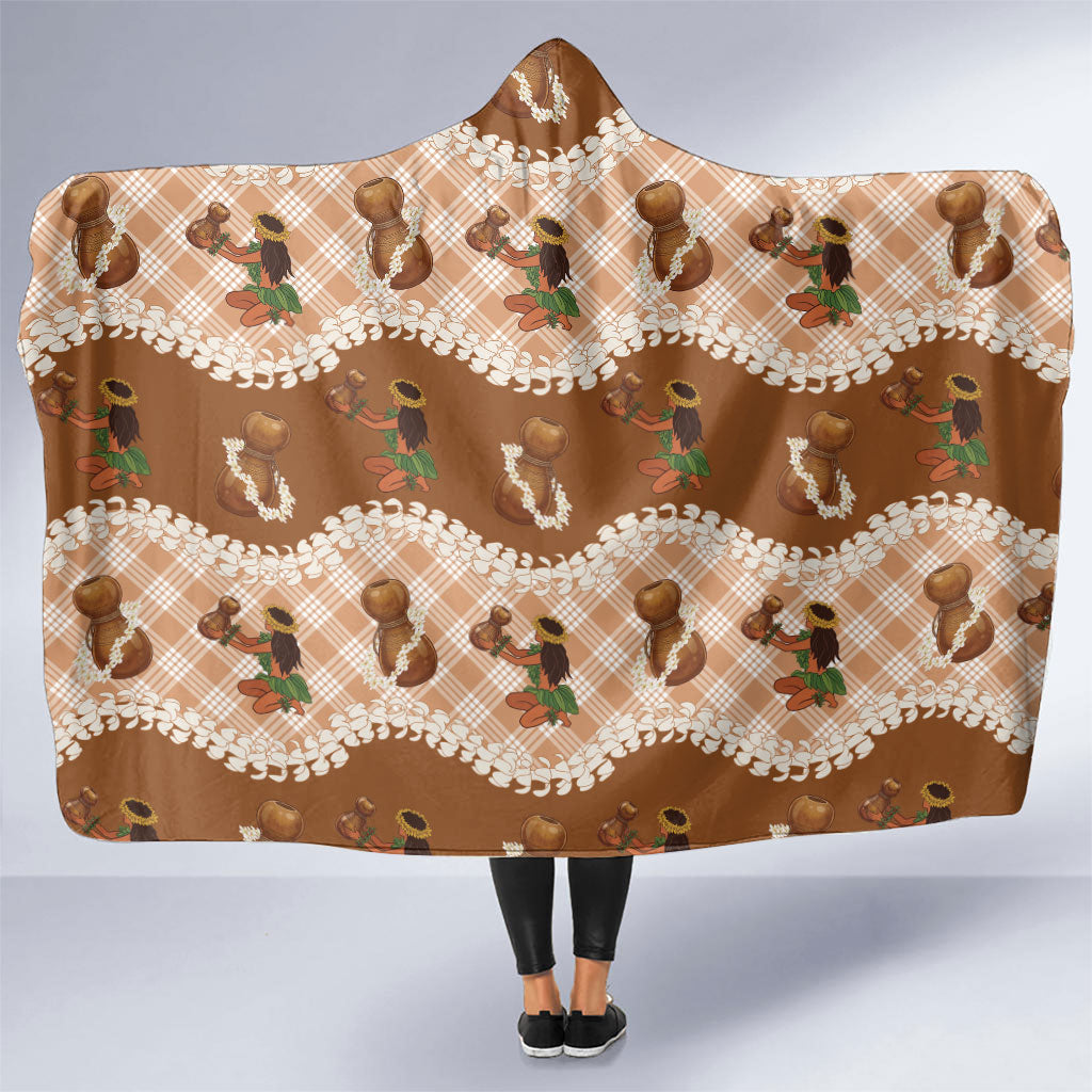 Ipu Heke Hawaii Makahiki Hooded Blanket Hawaiian Puakenikeni Lei Hula Girl Palaka Motifs LT14 One Size Brown - Polynesian Pride