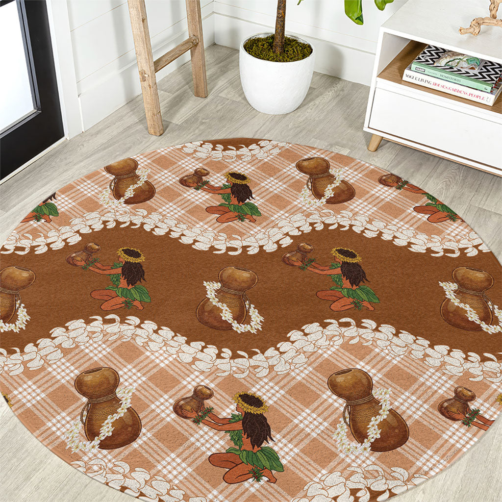 Ipu Heke Hawaii Makahiki Round Carpet Hawaiian Puakenikeni Lei Hula Girl Palaka Motifs LT14 Brown - Polynesian Pride