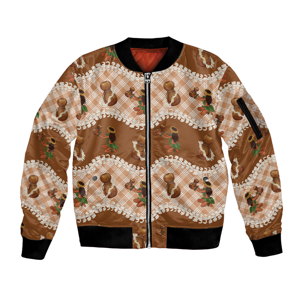Ipu Heke Hawaii Makahiki Sleeve Zip Bomber Jacket Hawaiian Puakenikeni Lei Hula Girl Palaka Motifs