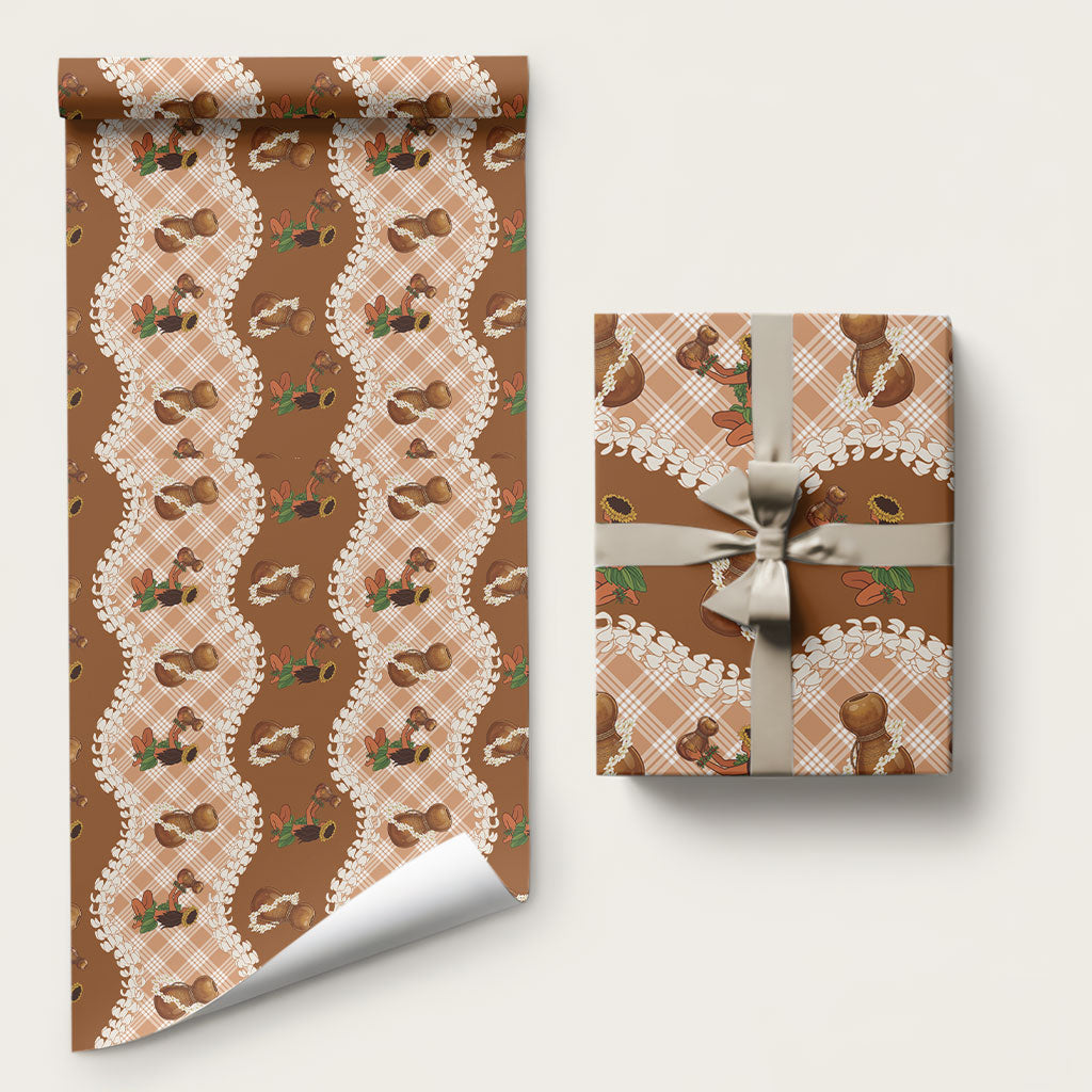 Ipu Heke Hawaii Makahiki Wrapping Paper Hawaiian Puakenikeni Lei Hula Girl Palaka Motifs LT14 58" × 23" Brown - Polynesian Pride