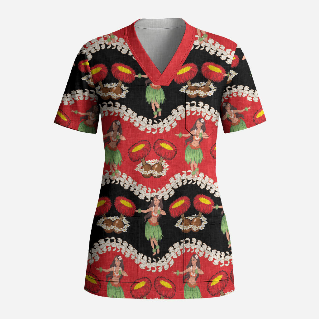 Uliuli Hawaii Makahiki Scrub Top Hawaiian Puakenikeni Lei Hula Girl Red Version