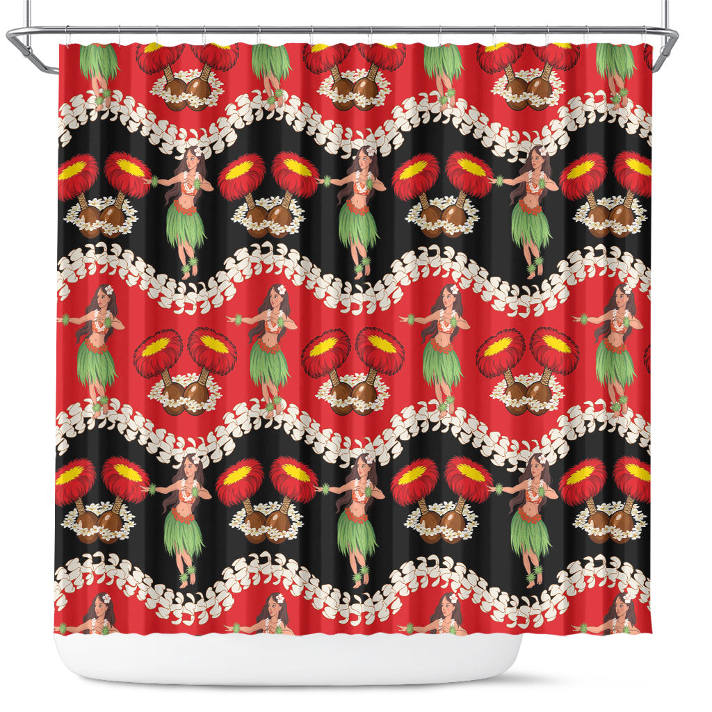 Uliuli Hawaii Makahiki Shower Curtain Hawaiian Puakenikeni Lei Hula Girl Red Version