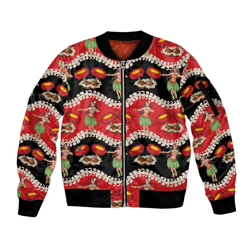 Uliuli Hawaii Makahiki Sleeve Zip Bomber Jacket Hawaiian Puakenikeni Lei Hula Girl Red Version
