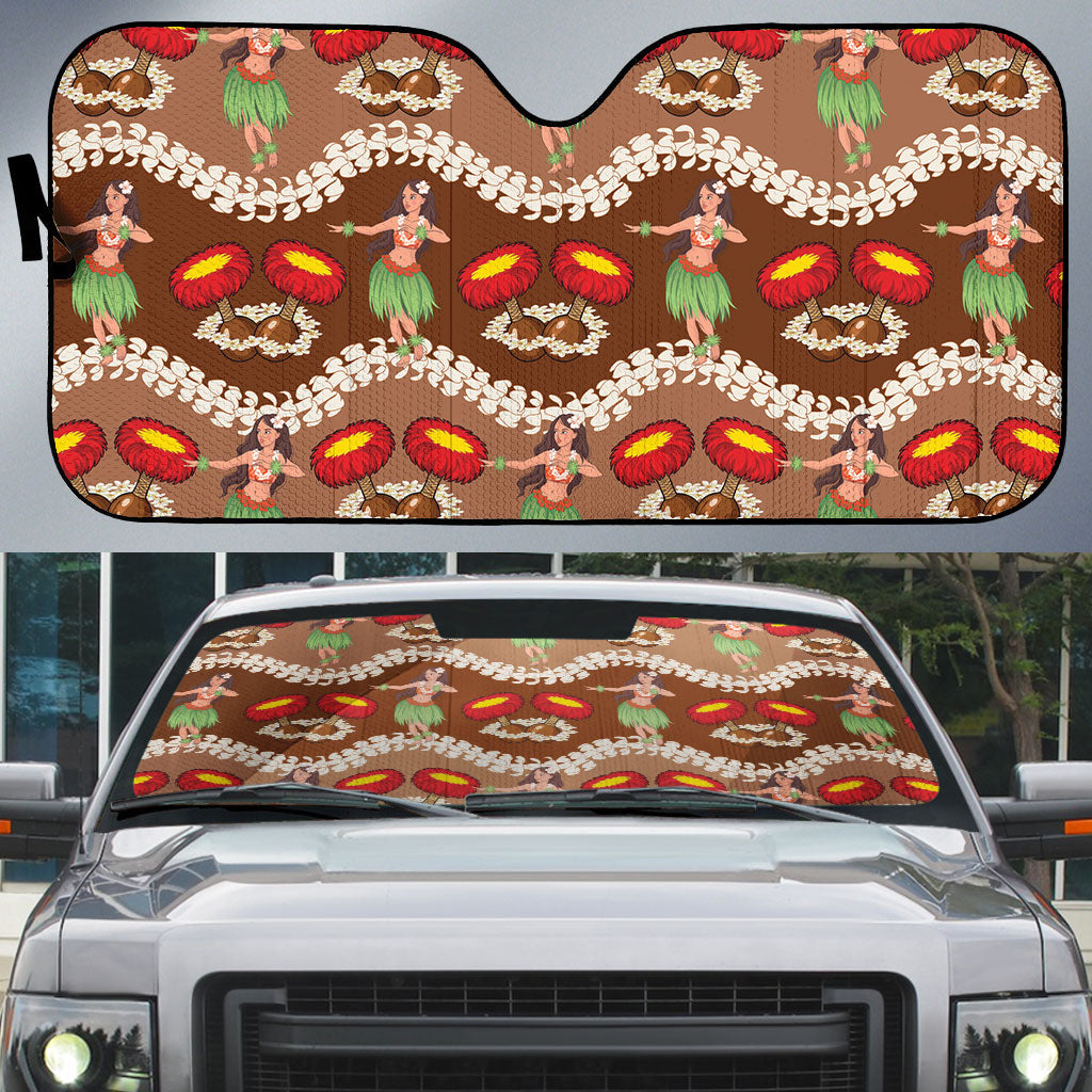 Uliuli Hawaii Makahiki Auto Sun Shade Hawaiian Puakenikeni Lei Hula Girl Brown Version LT14 Brown - Polynesian Pride