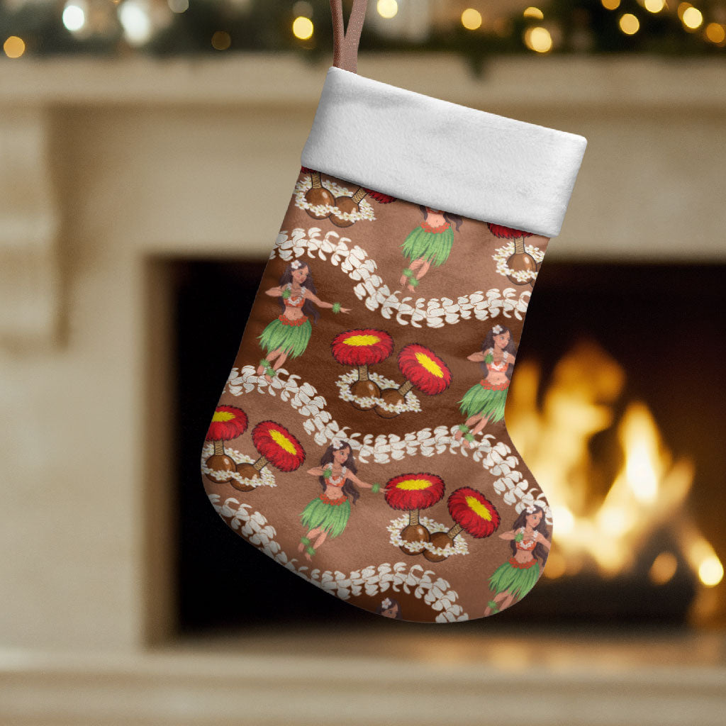 Uliuli Hawaii Makahiki Christmas Stocking Hawaiian Puakenikeni Lei Hula Girl Brown Version