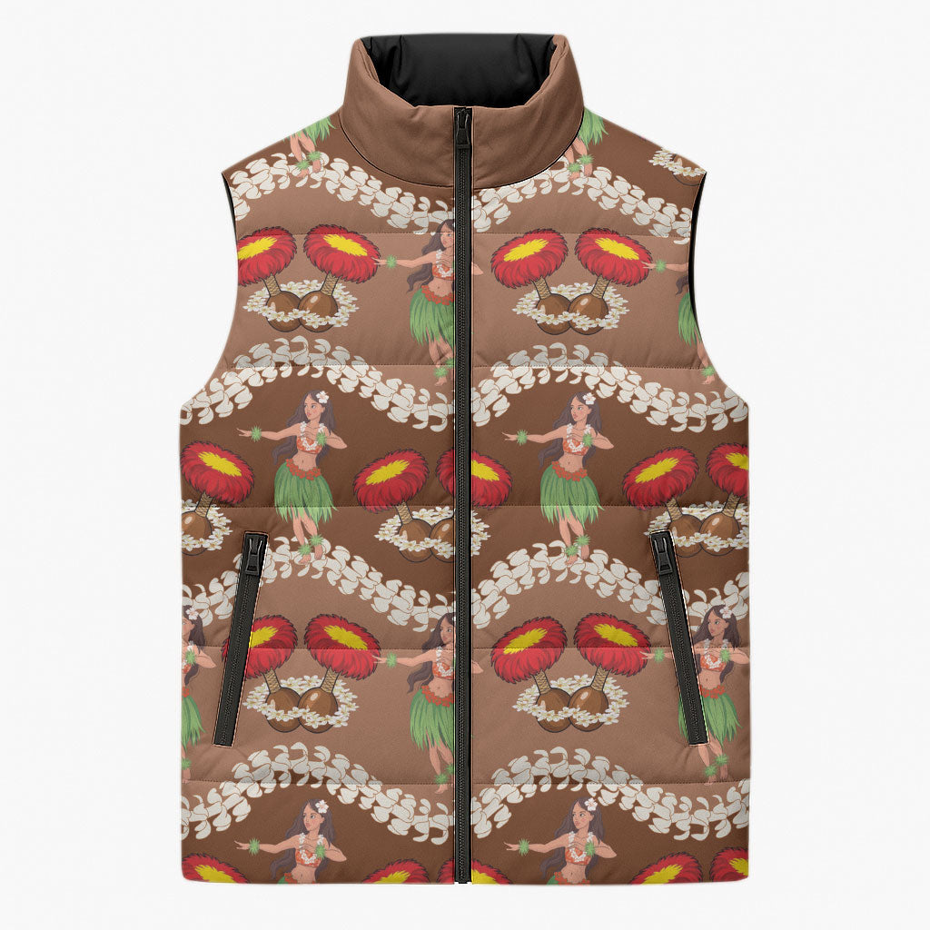 Uliuli Hawaii Makahiki Sleeveless Puffer Jacket Hawaiian Puakenikeni Lei Hula Girl Brown Version