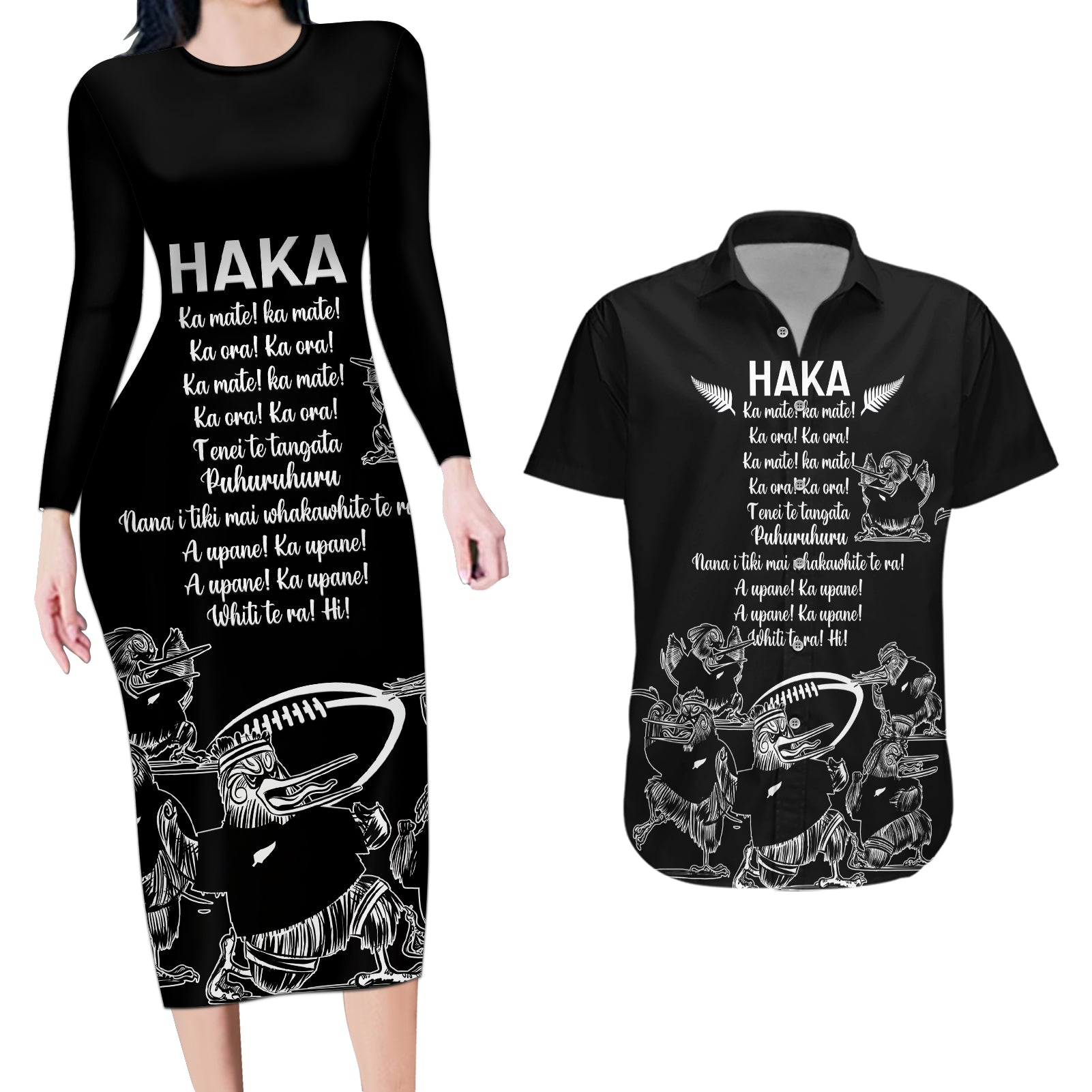 New Zealand Silver Fern Rugby Couples Matching Long Sleeve Bodycon Dress and Hawaiian Shirt Haka Aotearoa Kiwi Dance LT14 Black - Polynesian Pride