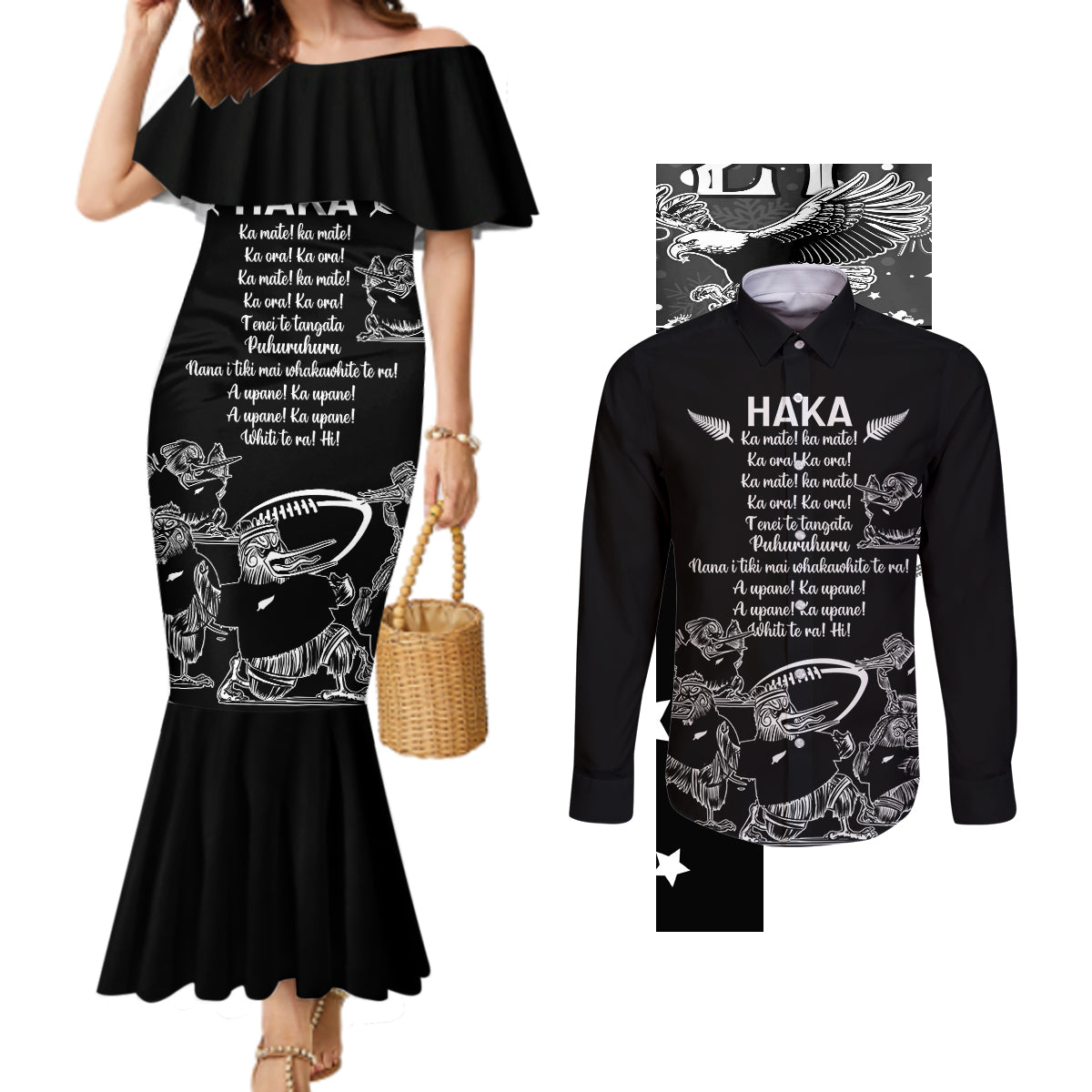 New Zealand Silver Fern Rugby Couples Matching Mermaid Dress and Long Sleeve Button Shirt Haka Aotearoa Kiwi Dance LT14 Black - Polynesian Pride