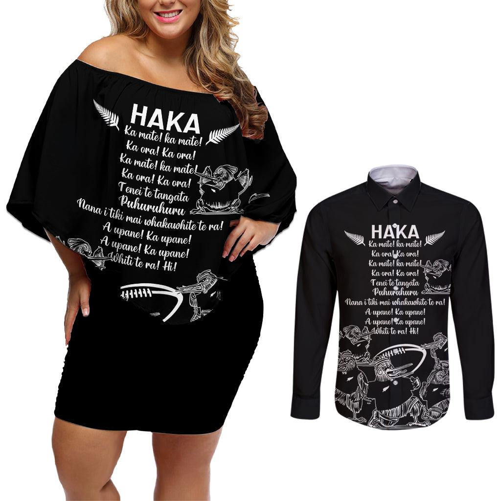 New Zealand Silver Fern Rugby Couples Matching Off Shoulder Short Dress and Long Sleeve Button Shirt Haka Aotearoa Kiwi Dance LT14 Black - Polynesian Pride