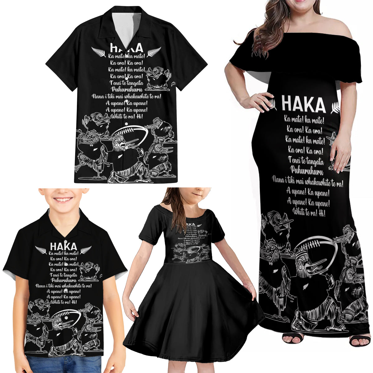 New Zealand Silver Fern Rugby Family Matching Off Shoulder Maxi Dress and Hawaiian Shirt Haka Aotearoa Kiwi Dance LT14 - Polynesian Pride