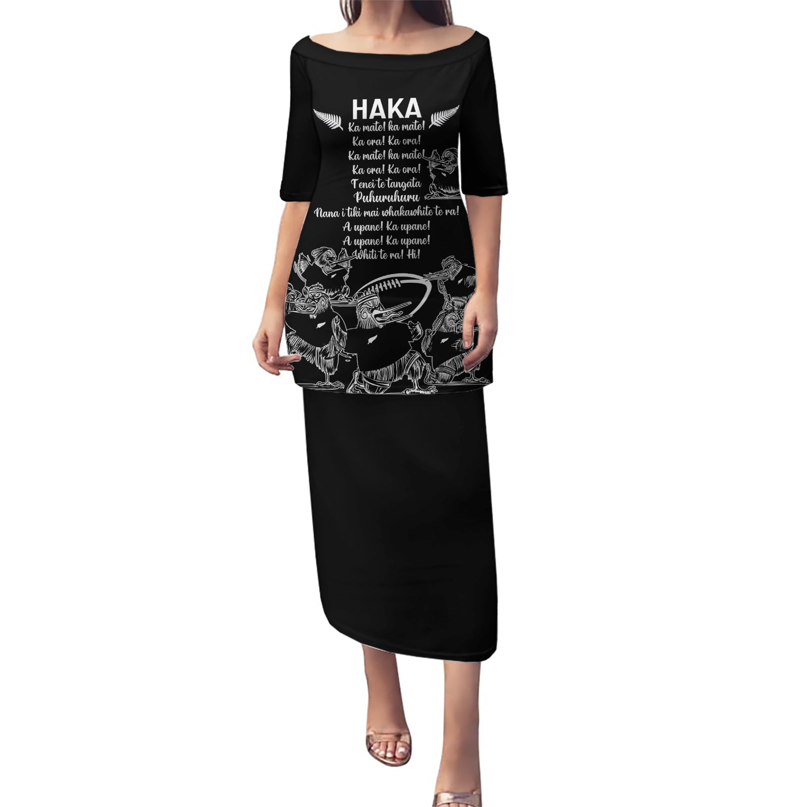 New Zealand Silver Fern Rugby Puletasi Haka Aotearoa Kiwi Dance LT14 Long Dress Black - Polynesian Pride