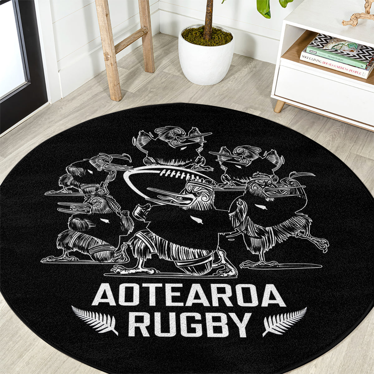 New Zealand Silver Fern Rugby Round Carpet Haka Aotearoa Kiwi Dance LT14 Black - Polynesian Pride